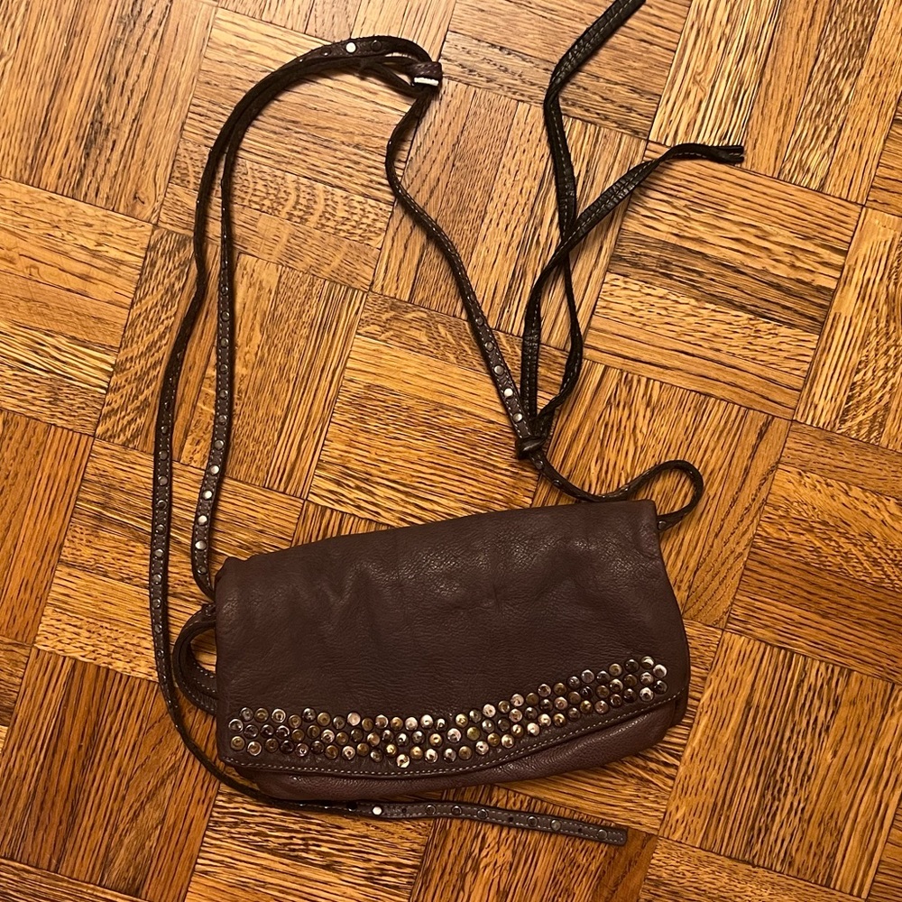 Purple studded leather, shoulder clutch